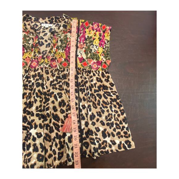 THML Embroidered Boho Top Small Leopard Print Mixed Pattern Tassel Blouse Artsy - Picture 9 of 11